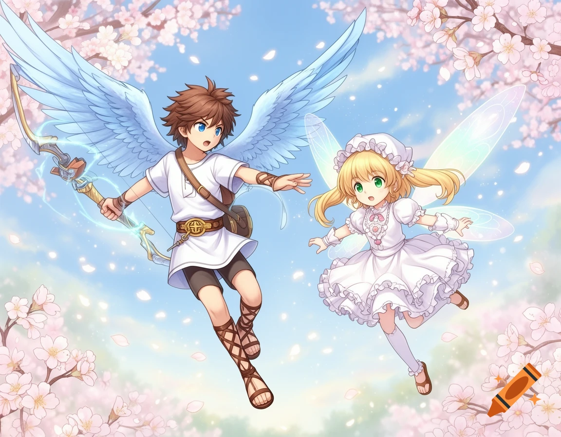 Anime illustration of a winged boy with a bow and a fairy girl flying in a bright sky surrounded by cherry blossoms.