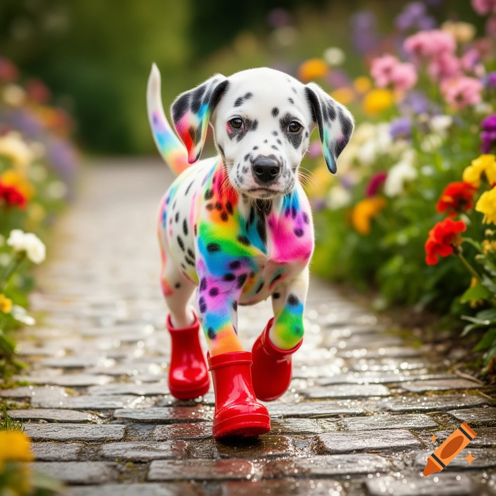 A dalmatian puppy with rainbow-colored spots and red rain boots walks on a wet cobblestone path through a colorful garden.