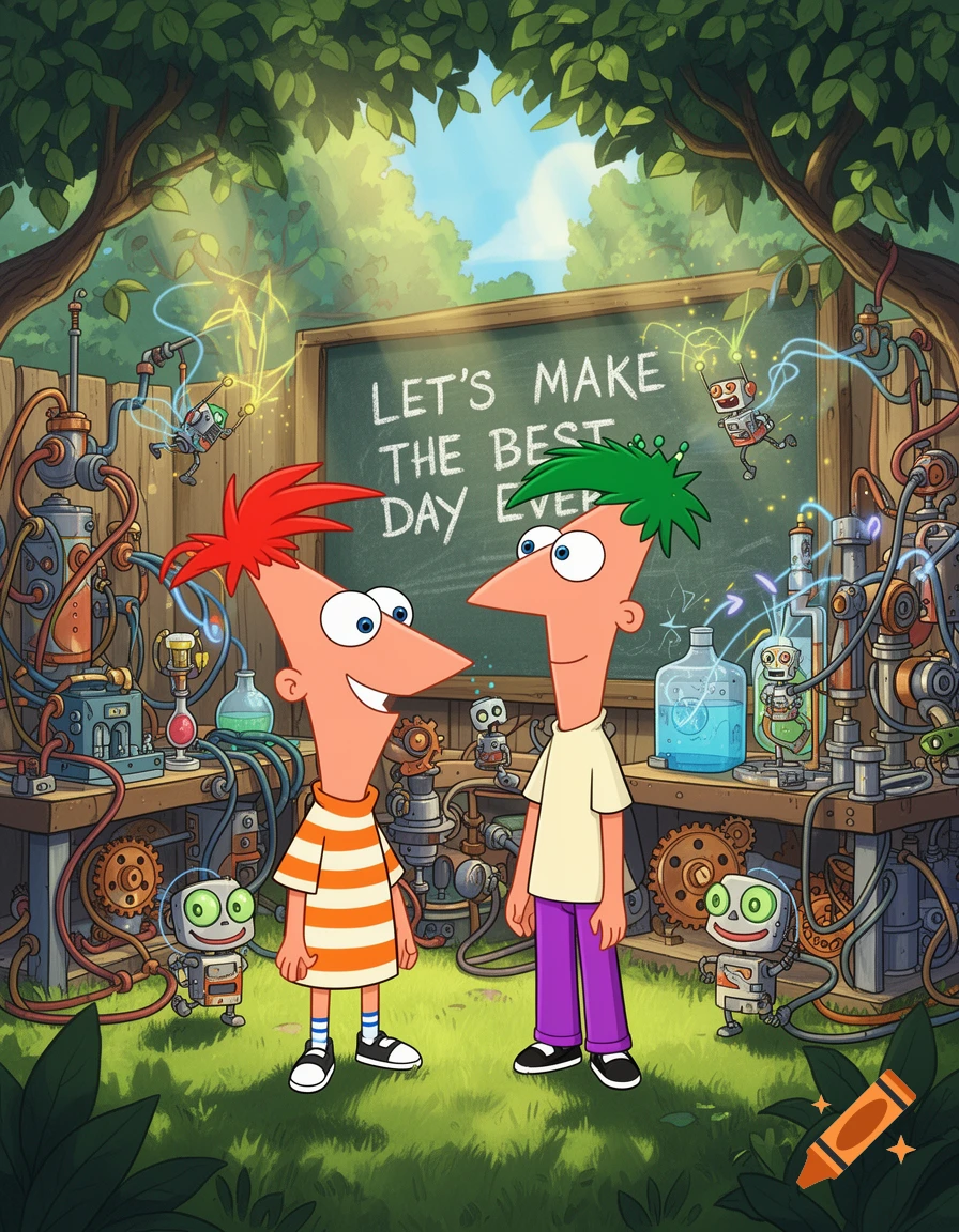 Phineas and Ferb stand smiling amidst intricate cartoon inventions in a sunny backyard, with a blackboard behind them that reads "LET'S MAKE THE BEST DAY EVER".