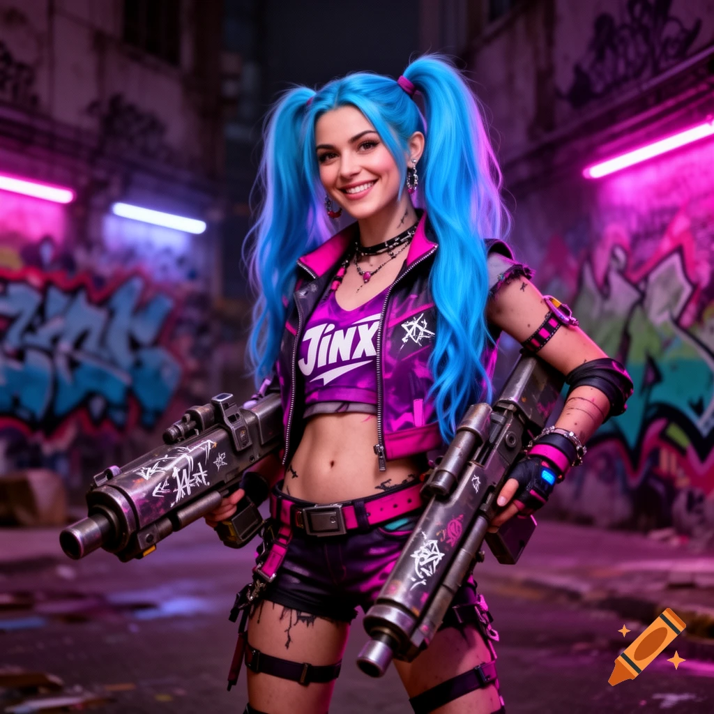 A smiling woman with blue pigtails, dressed as Jinx in a purple crop top and jacket, holds two large guns in a neon-lit, graffiti-covered alley.
