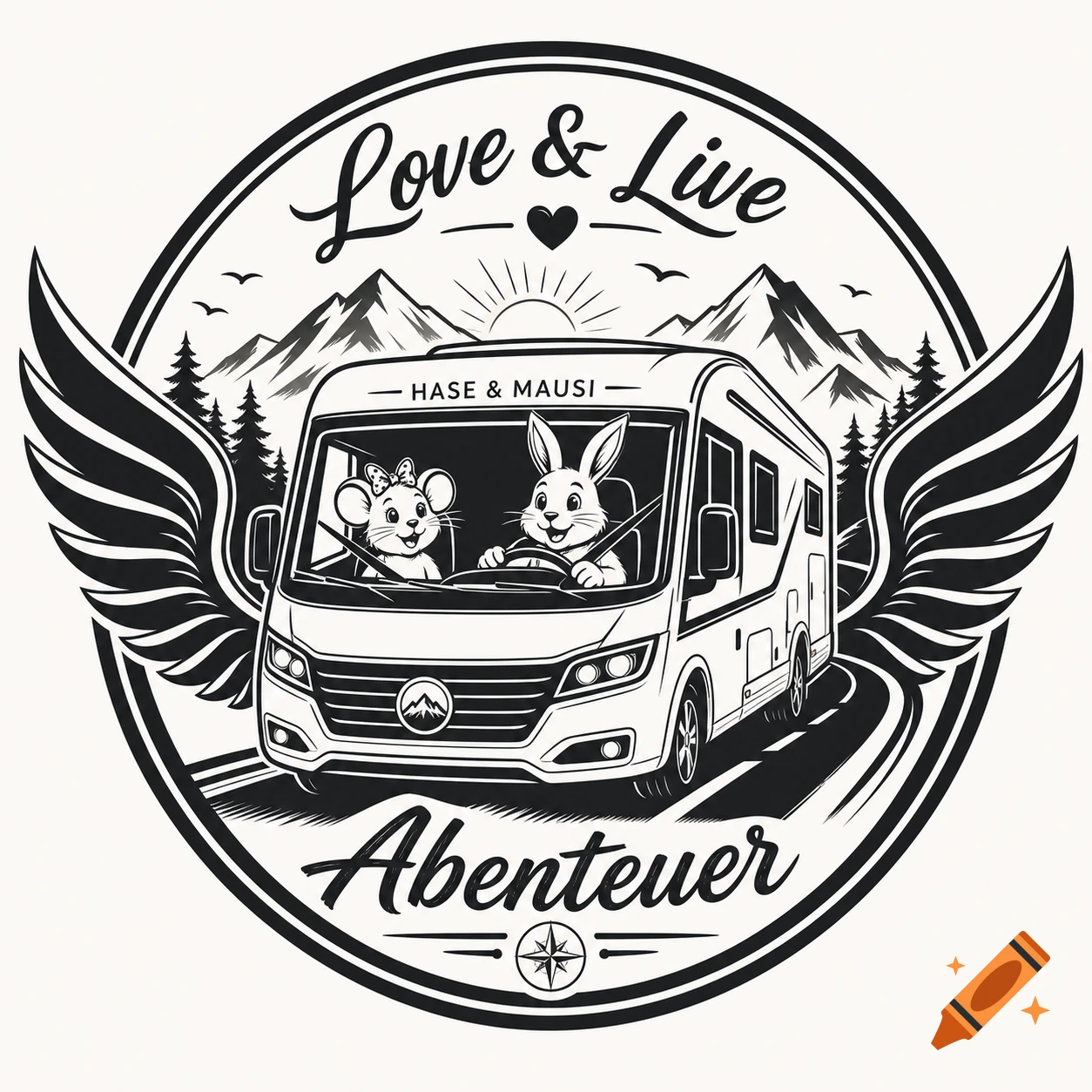 Black and white circular logo with wings, featuring a cartoon rabbit driving a camper van with a mouse. Text says Love & Live and Abenteuer.
