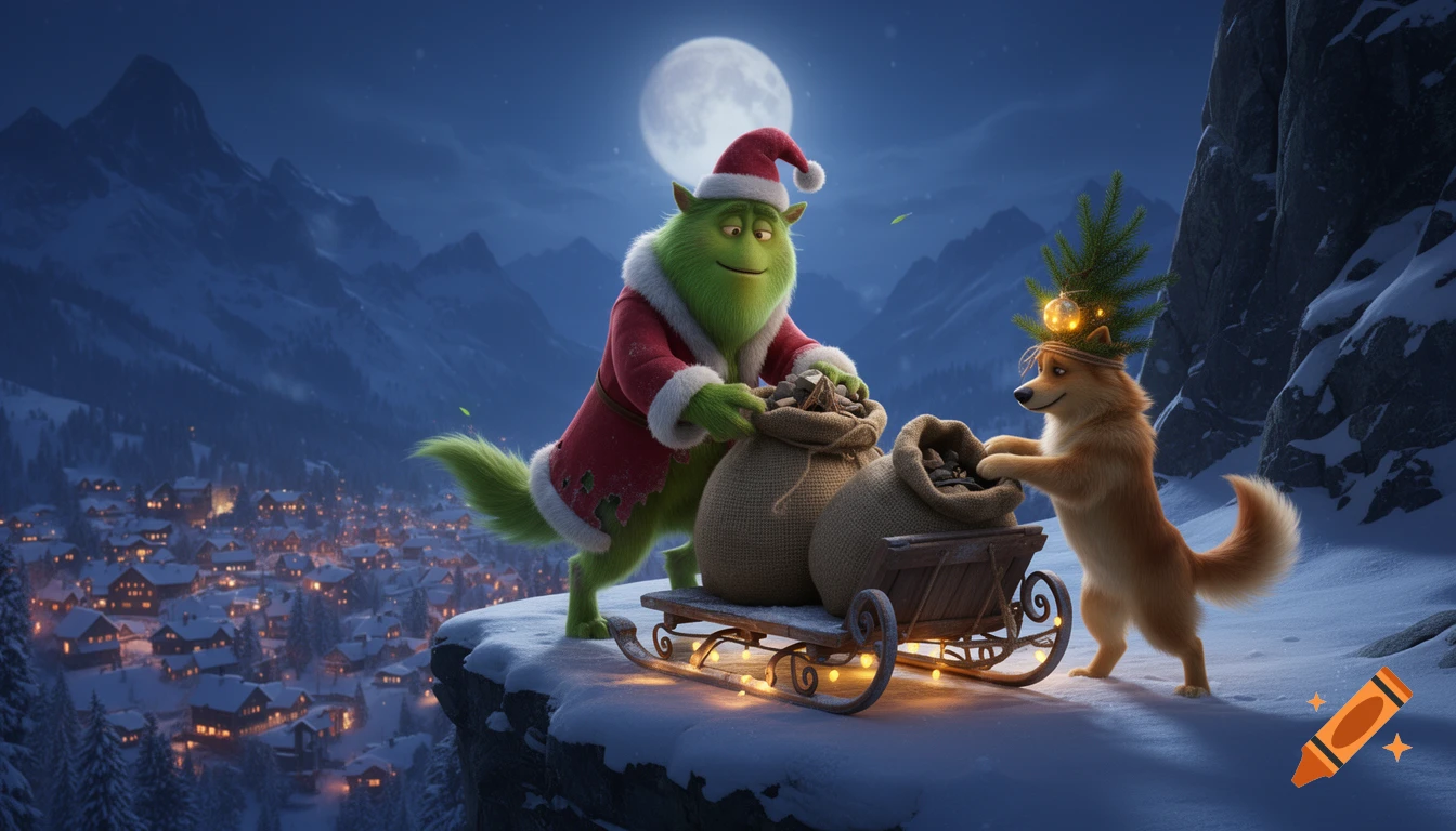 A green, Grinch-like creature in a Santa suit and a dog with a tree hat load sacks onto a sleigh on a snowy mountain at night, overlooking a glowing village.