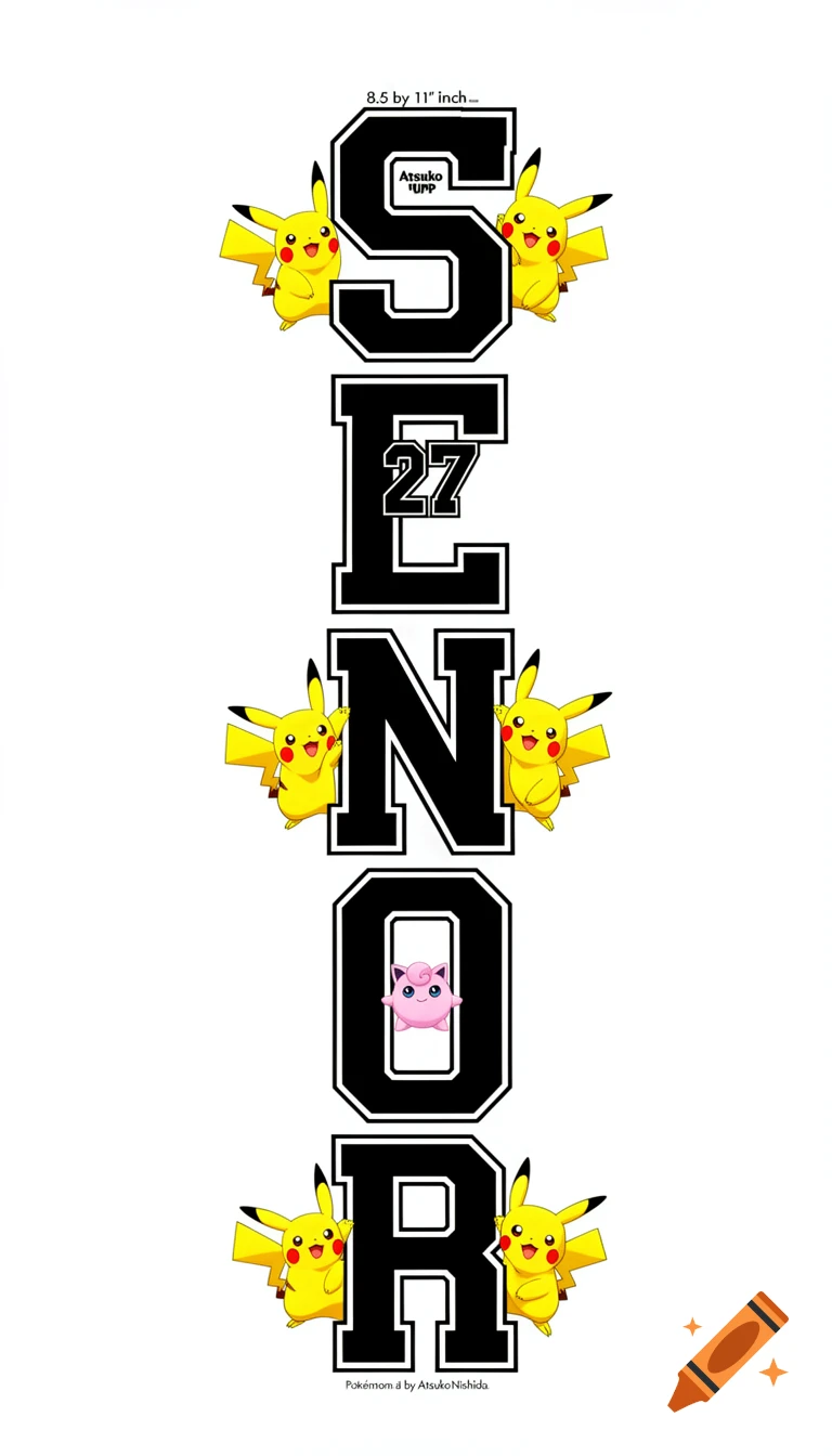 The word SENIOR stacked vertically in black collegiate font with Pikachu characters peeking out, Jigglypuff in the O, and 27 forming the I.