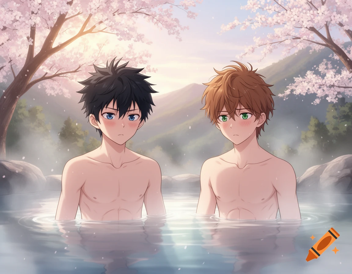 Two blushing anime boys in an outdoor Japanese hot spring, surrounded by cherry blossom trees and mountains.