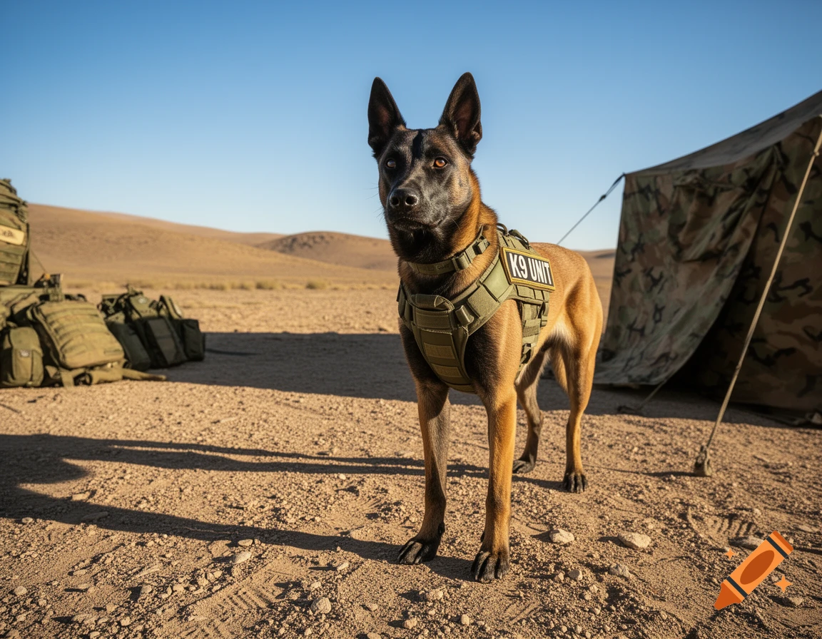 A Malinois military dog wearing a K9 UNIT harness stands in a desert camp with tactical gear and a camouflage tent.