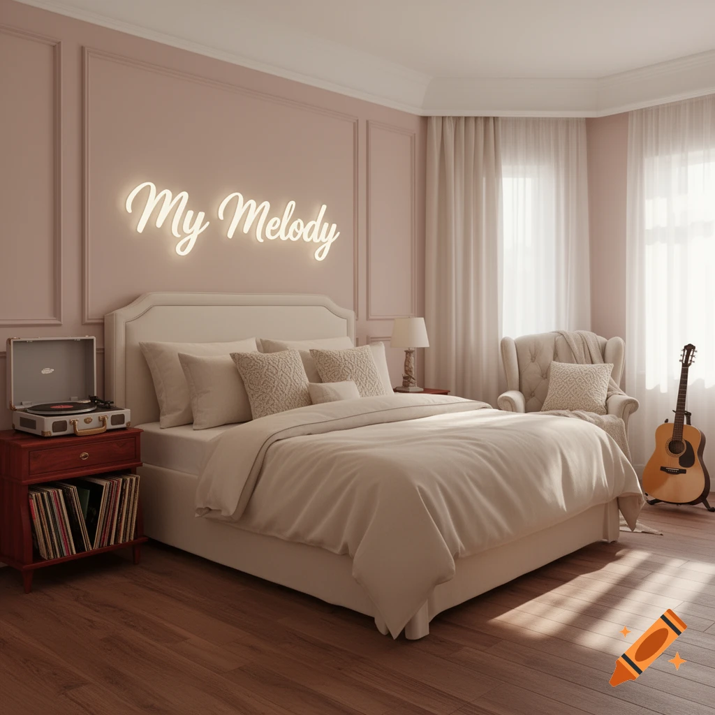 A pastel pink bedroom with a white bed, a glowing neon sign reading 'My Melody' on the wall, a record player, and a guitar.