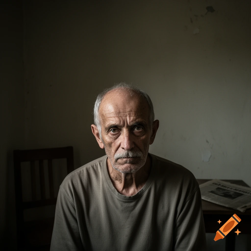 Photorealistic portrait of an elderly man with a mustache, looking directly at the viewer in a dimly lit room.