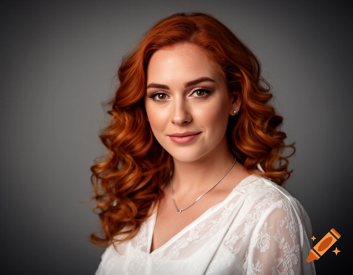 A photorealistic portrait of a woman with curly red hair, a white lace top, and a slight smile against a gray background.