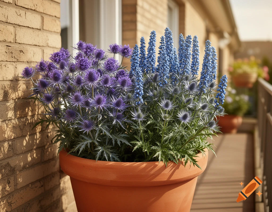Photorealistic image of vibrant purple and blue flowers in a terracotta pot on a sunny balcony next to a brick wall.
