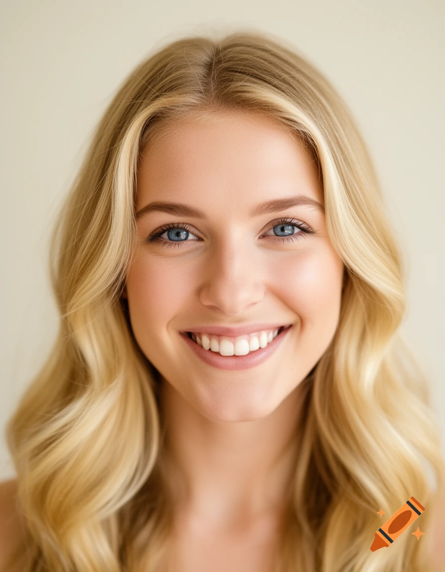 Close-up, photorealistic portrait of a smiling young blonde woman with blue eyes and warm, approachable look.