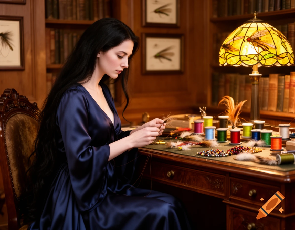 A photorealistic image of a woman with long dark hair tying fishing flies at a wooden desk in a library, a colorful lamp glowing beside her.