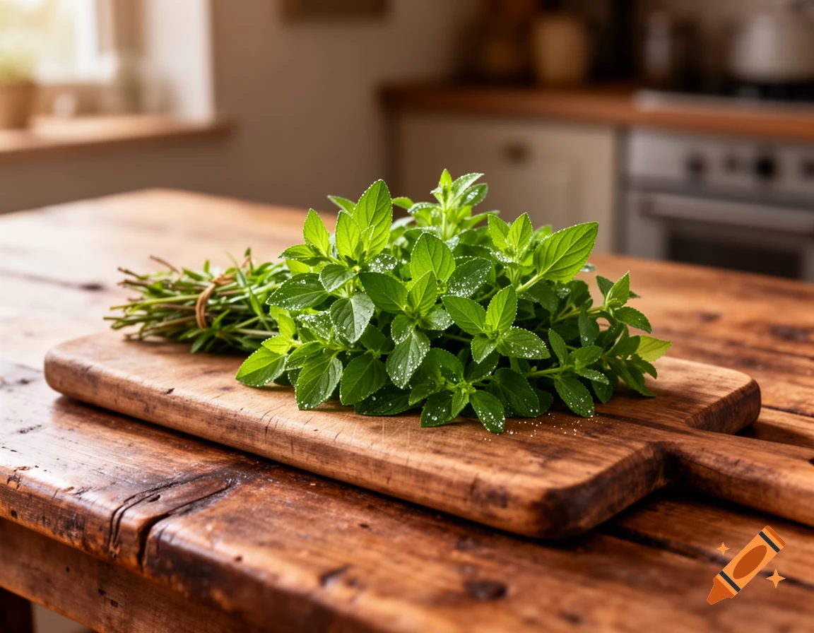 A bundle of fresh mint and rosemary on a wooden cutting board and rustic kitchen table, with a blurred kitchen background.