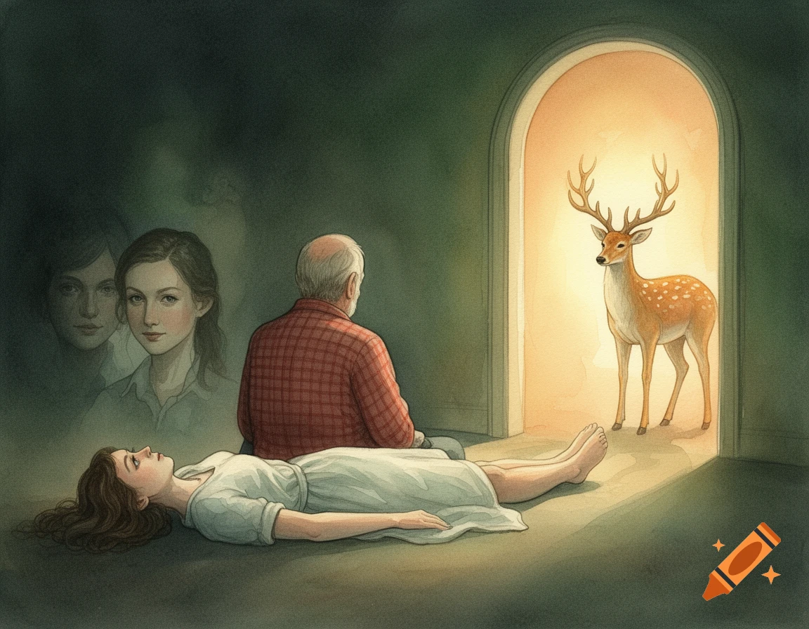 A watercolor painting of a woman lying on the floor, an old man sitting, ghostly women, and a deer in a glowing arched doorway.