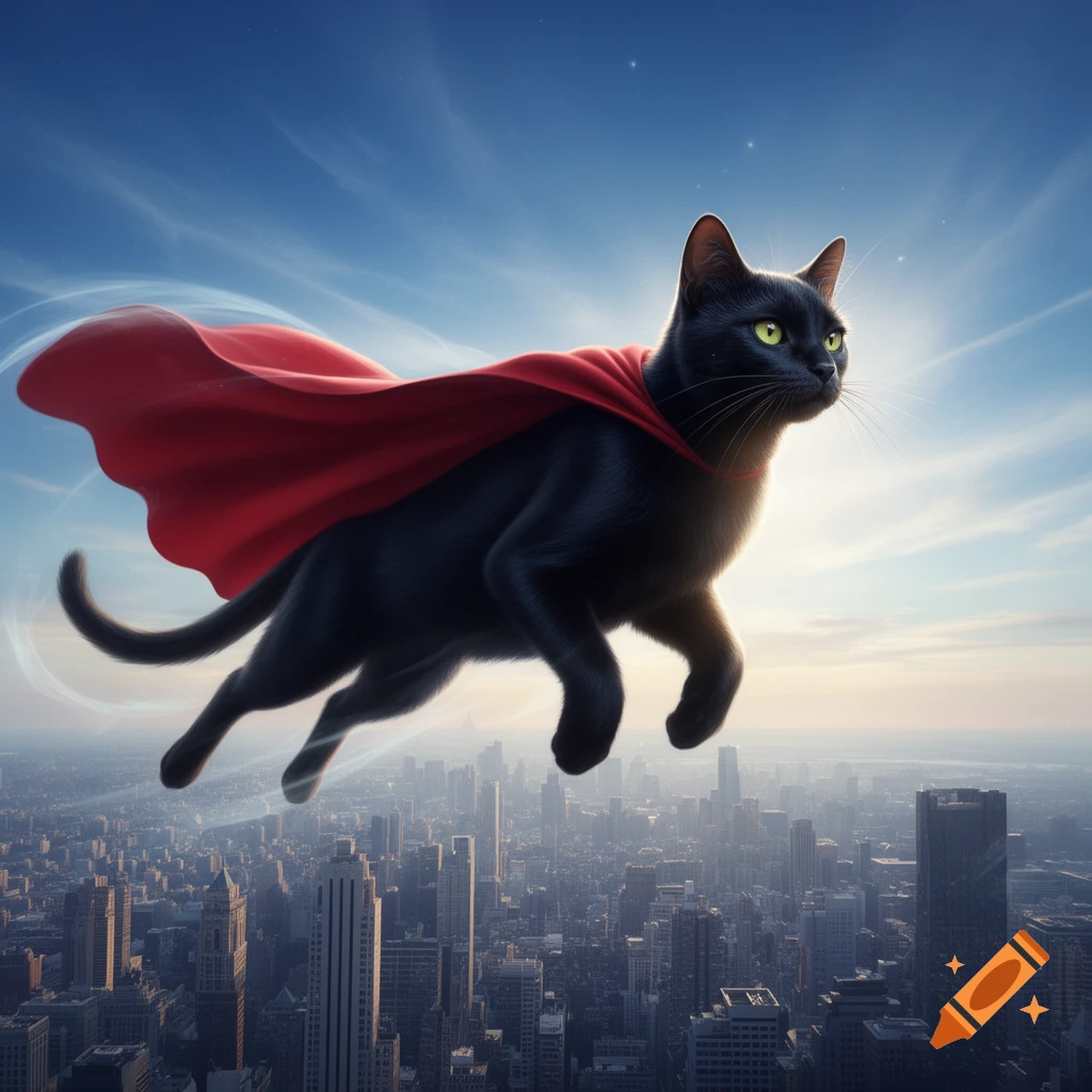 A majestic black cat wearing a flowing red cape flies heroically above a sprawling cityscape at sunset.