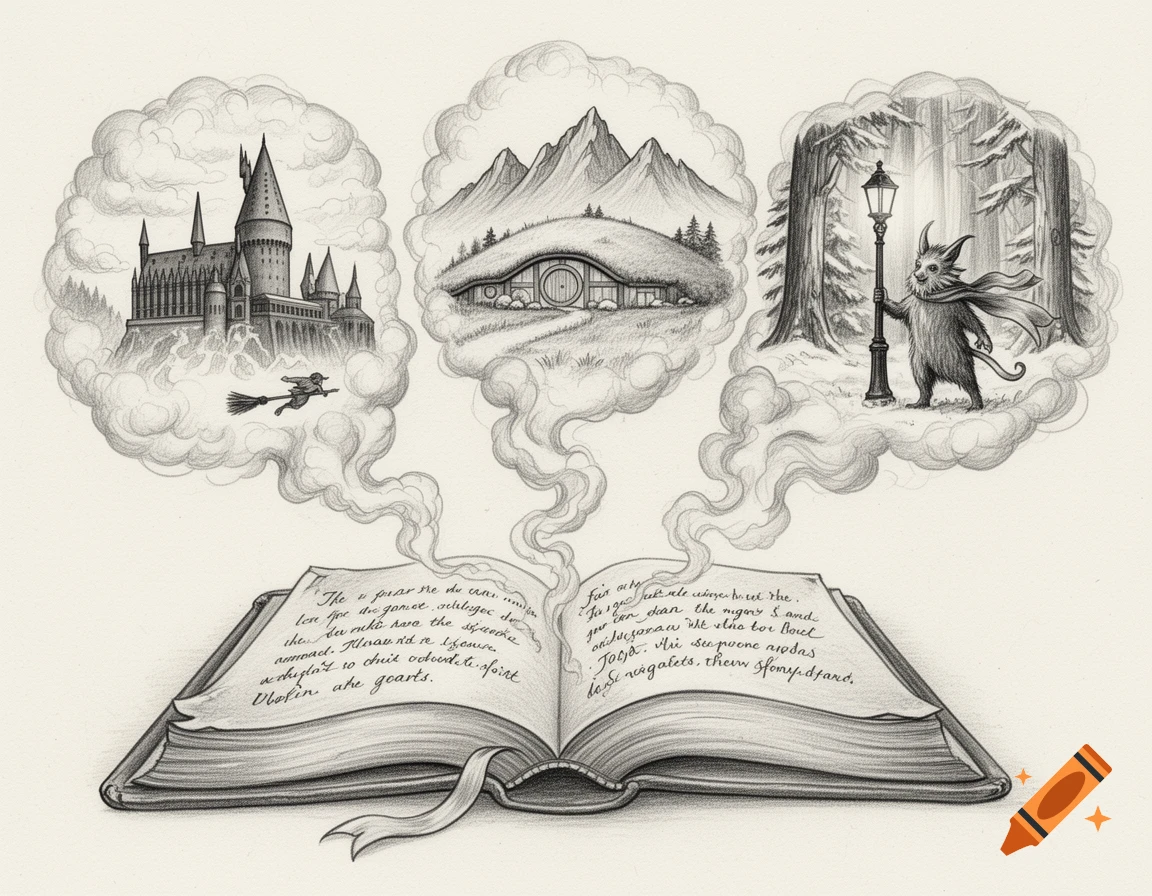 Detailed pencil drawing of an open book with mist rising, depicting Hogwarts, a hobbit hole, and a Faun by a lamppost.