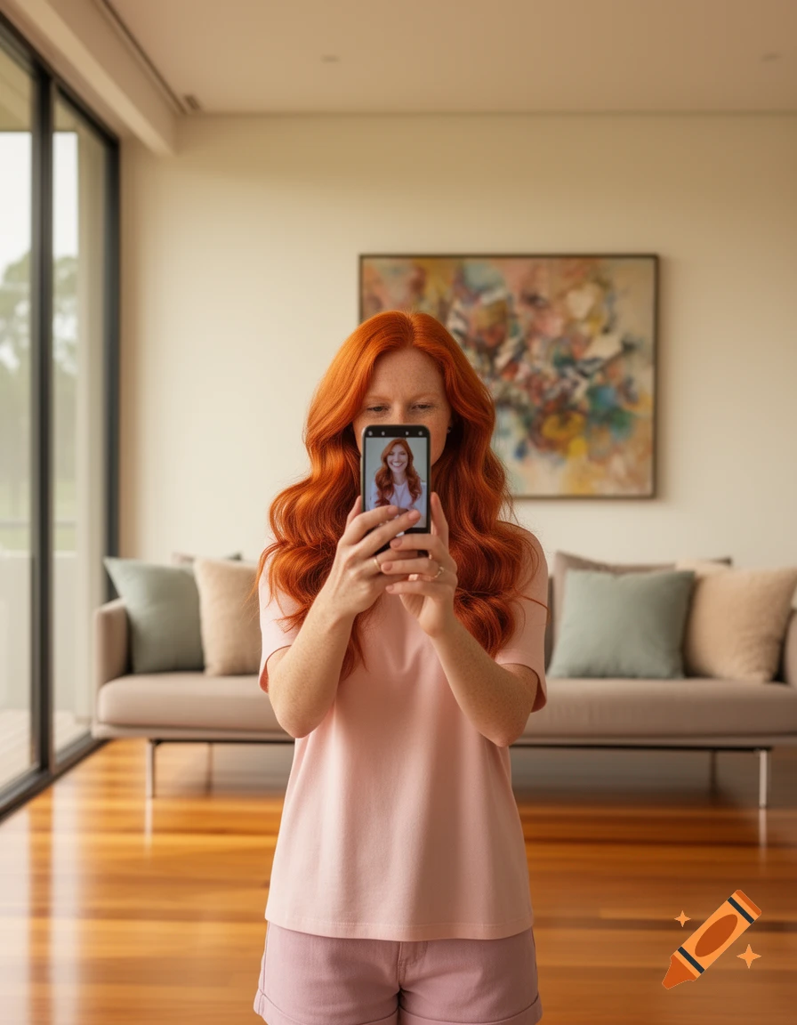A red-haired woman in a pink shirt takes a selfie with her phone in a modern living room.