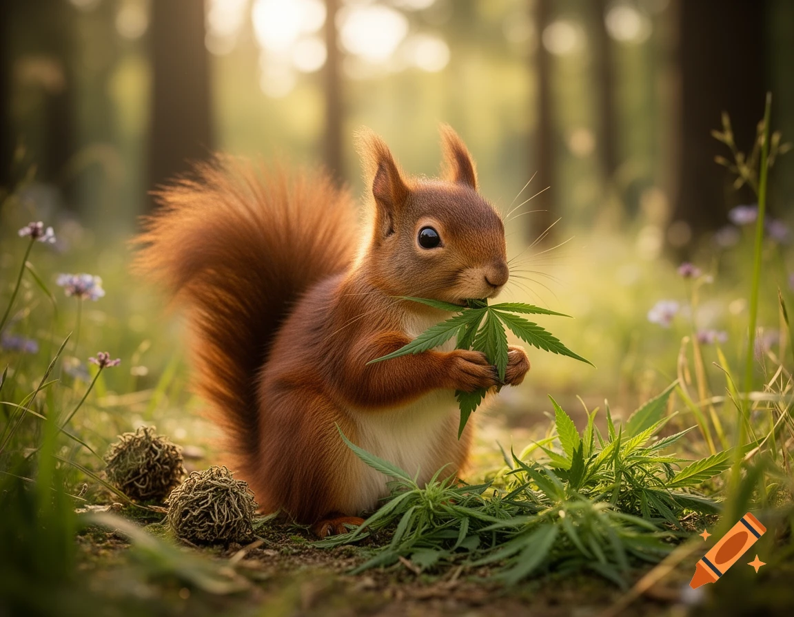 A photorealistic red squirrel holds a cannabis leaf in a sunny forest, surrounded by green plants and wildflowers.
