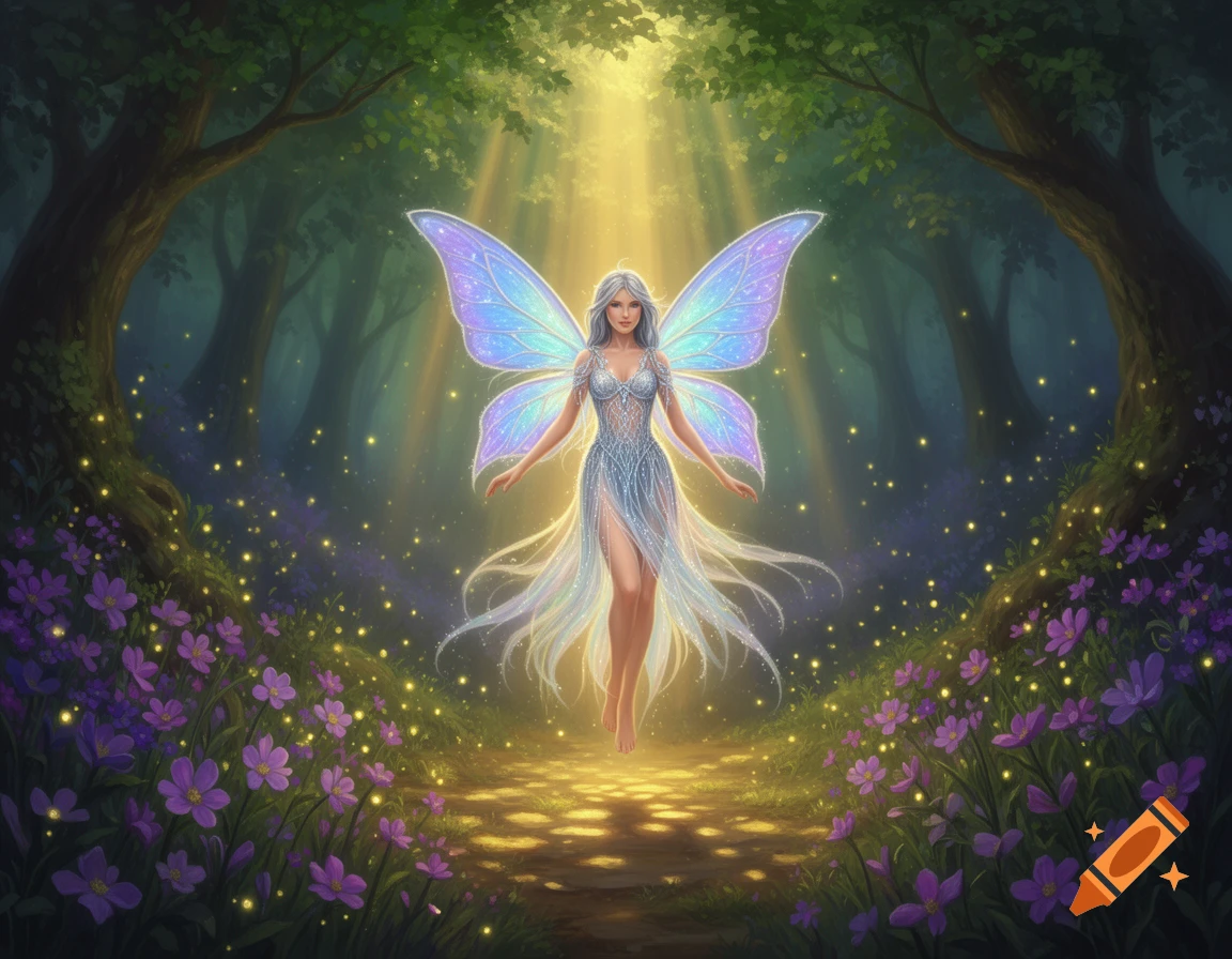 A beautiful fairy with shimmering translucent butterfly wings floats in a magical forest clearing with purple flowers and glowing light.