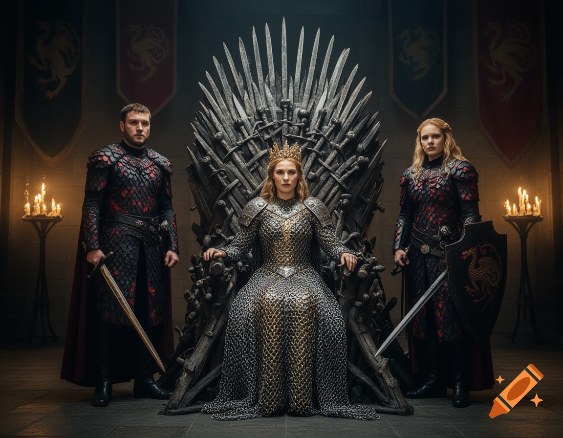 A queen in chainmail armor sits on a throne of swords, flanked by two armed guards in a dark, grand hall.