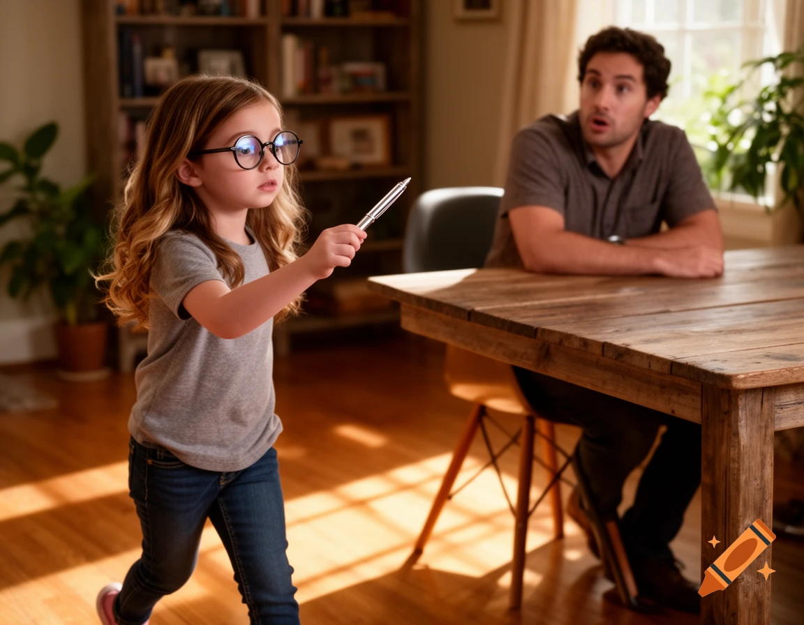 A young girl in glasses points a silver pen at a surprised man sitting at a rustic wooden table in a sunlit room.