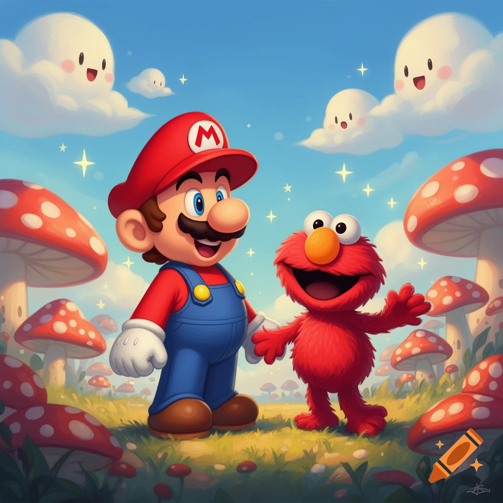 Cartoon Mario and Elmo stand happily in a vibrant mushroom field under a blue sky with smiling clouds.
