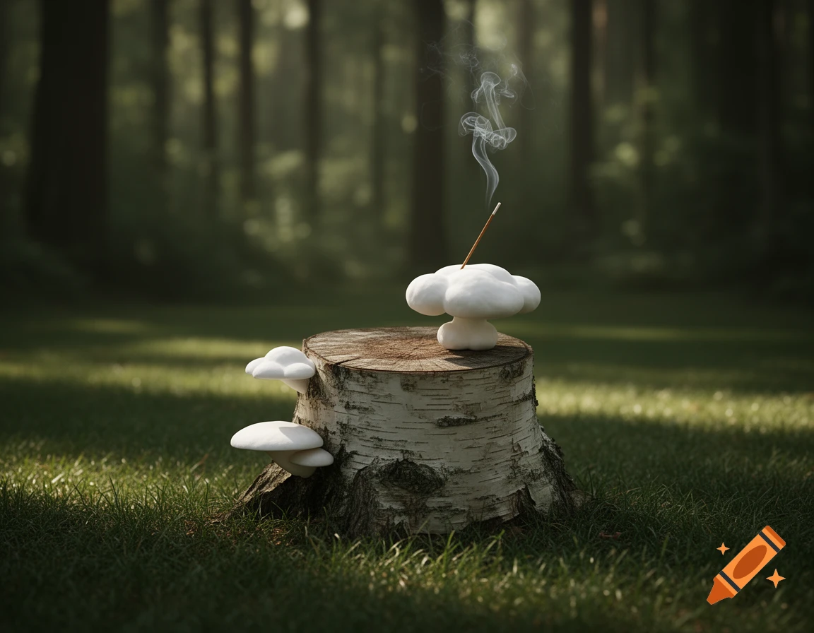 A birch tree stump in a sunlit forest clearing features white, cloud-like mushrooms and a burning incense stick.