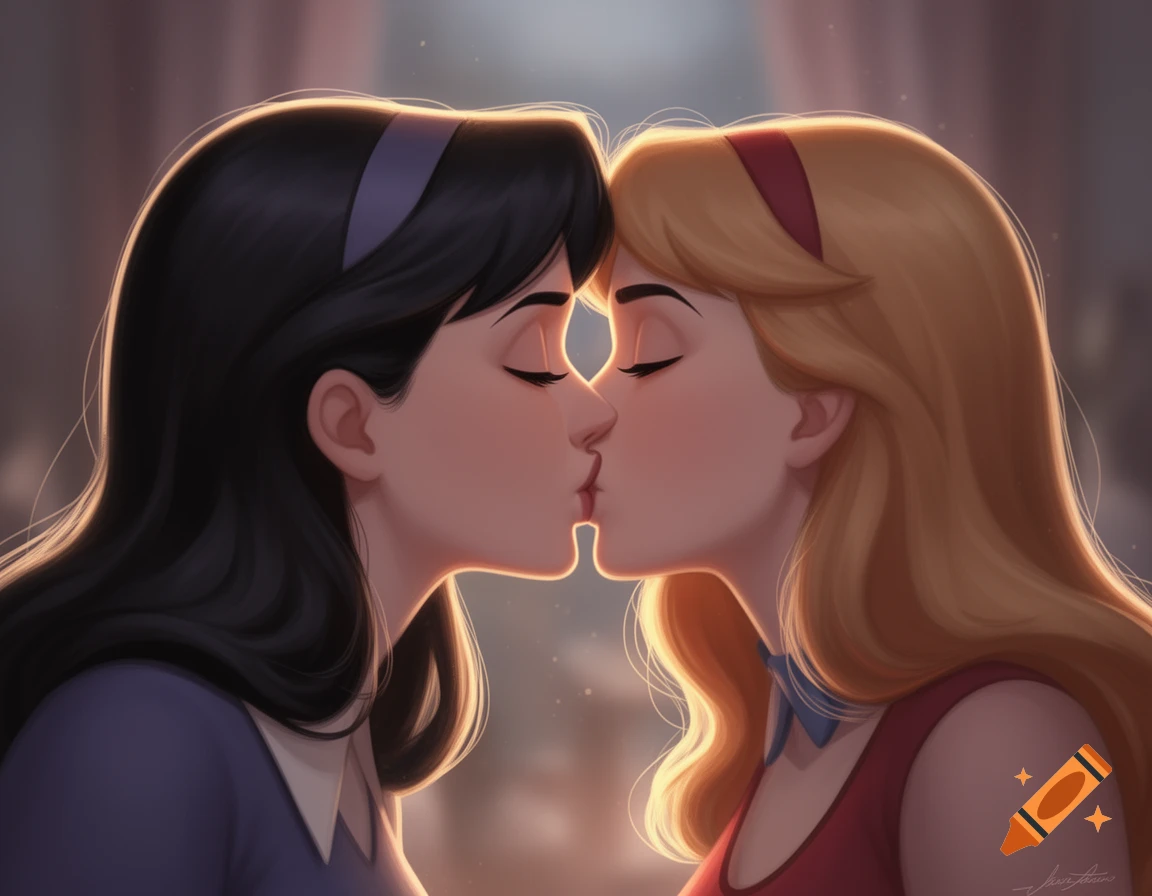 Two animated women, one with dark hair and one with blonde, kiss with closed eyes in profile view.