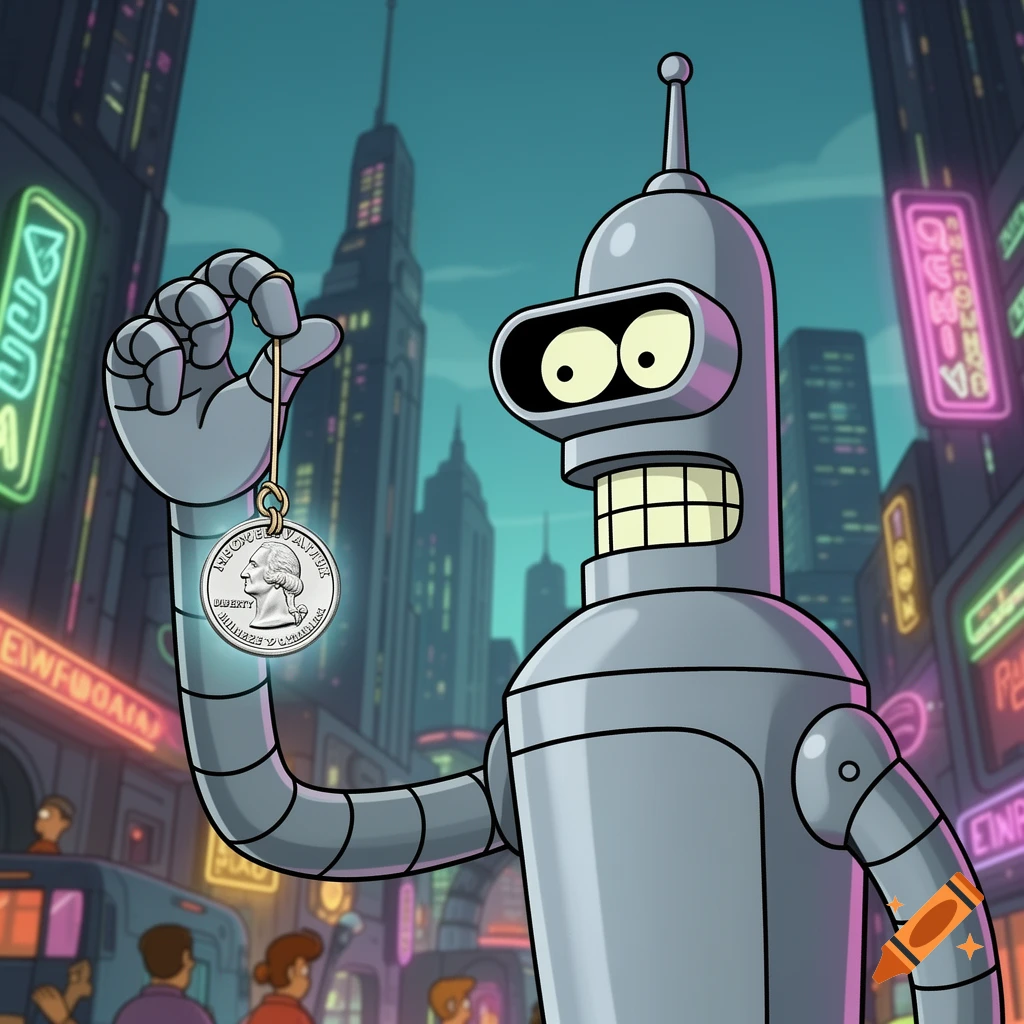 Bender, the robot from Futurama, holds a quarter dangling from a string on his finger in a futuristic city at night.