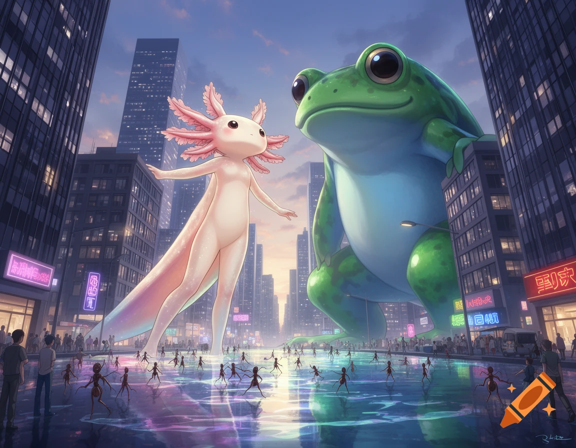 A giant anthropomorphic axolotl and a giant frog loom over a bustling city street at dusk, rendered in anime style.