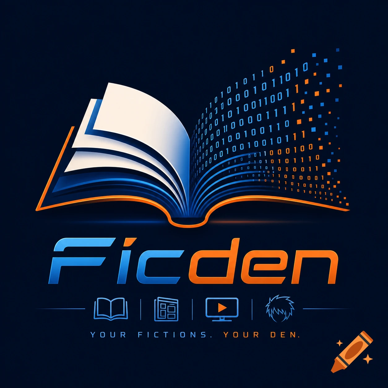 Digital logo for 'Ficden' featuring an open book with binary code, accompanied by icons for books, documents, video, and anime.