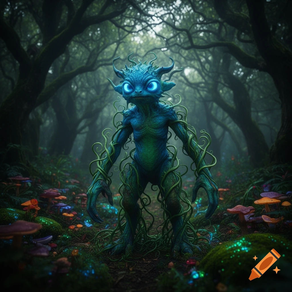 A blue-green forest creature with glowing eyes and vines wrapped around its body stands in a misty, magical forest with glowing mushrooms.