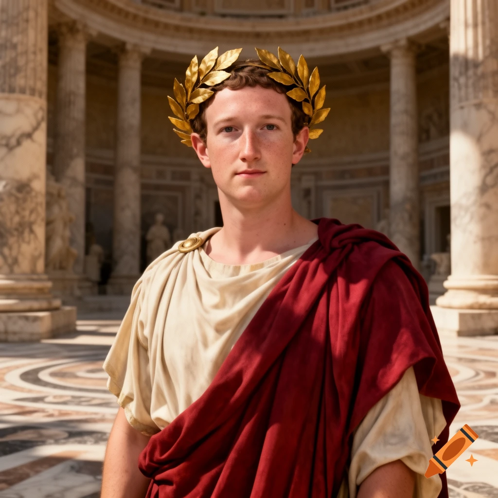 Photorealistic image of Mark Zuckerberg as Roman emperor Augustus in a toga and laurel wreath before a classical building.