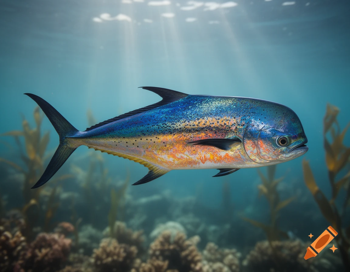 A vibrant Mahi-Mahi fish with iridescent blue, green, and orange scales swims gracefully in clear blue ocean water, with sunbeams filtering down onto a coral reef background.