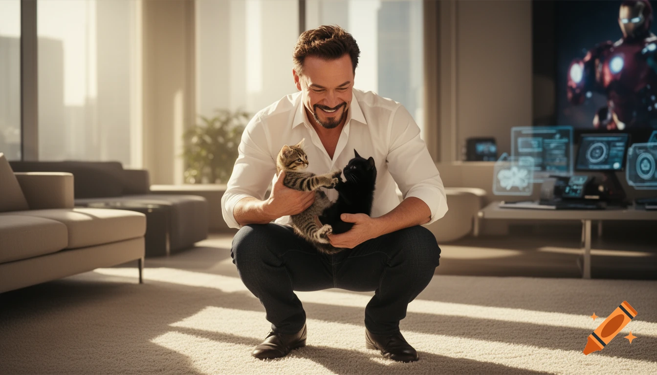 A man resembling Tony Stark crouches, smiling, holding a tabby and a black kitten in a sunlit modern apartment.