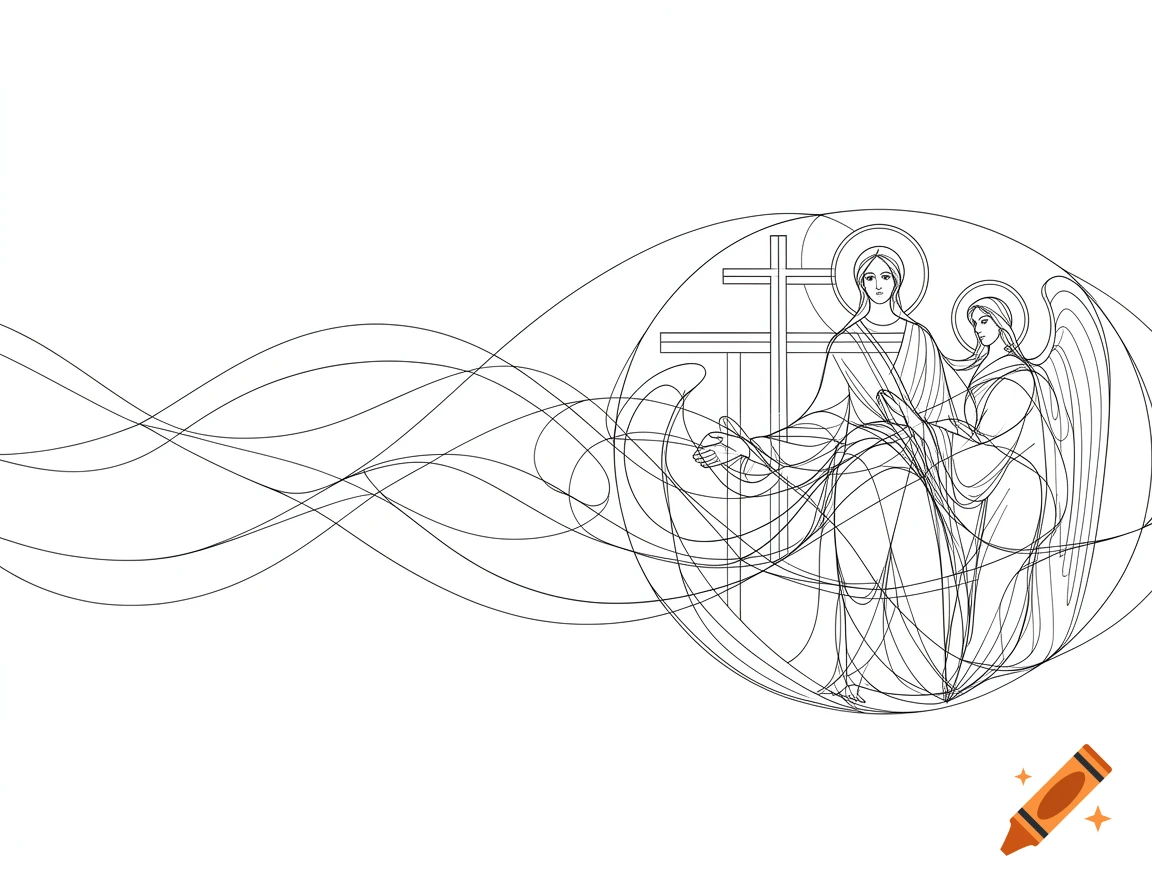 Minimalist black and white fine line art of two religious figures with halos and a cross in the background, with abstract wavy lines.