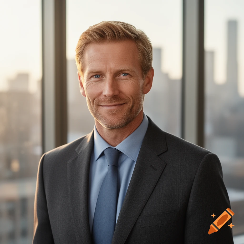 A smiling man in a blue shirt and grey suit stands in front of a window with a blurry city skyline.