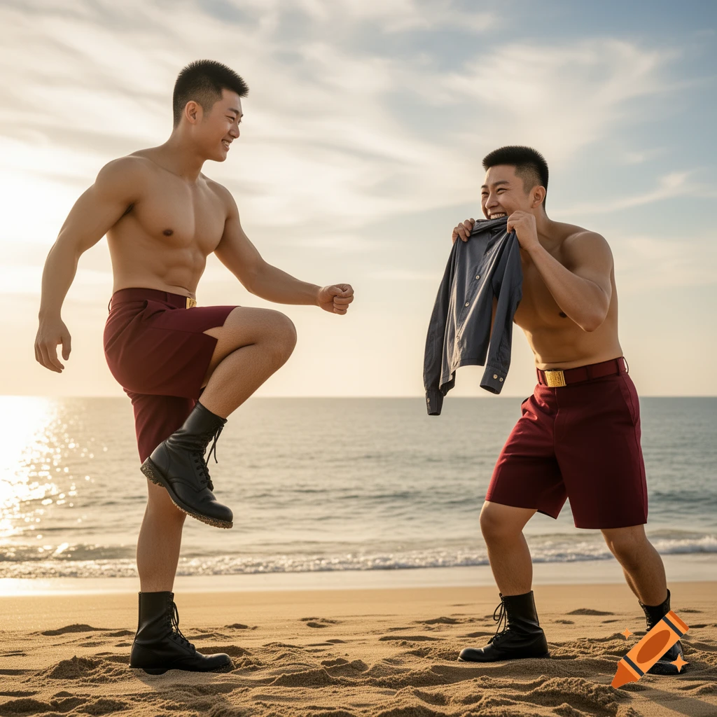 Two shirtless muscular men in red shorts and black boots on a beach at sunset, one laughing while holding a shirt, the other with a raised leg.