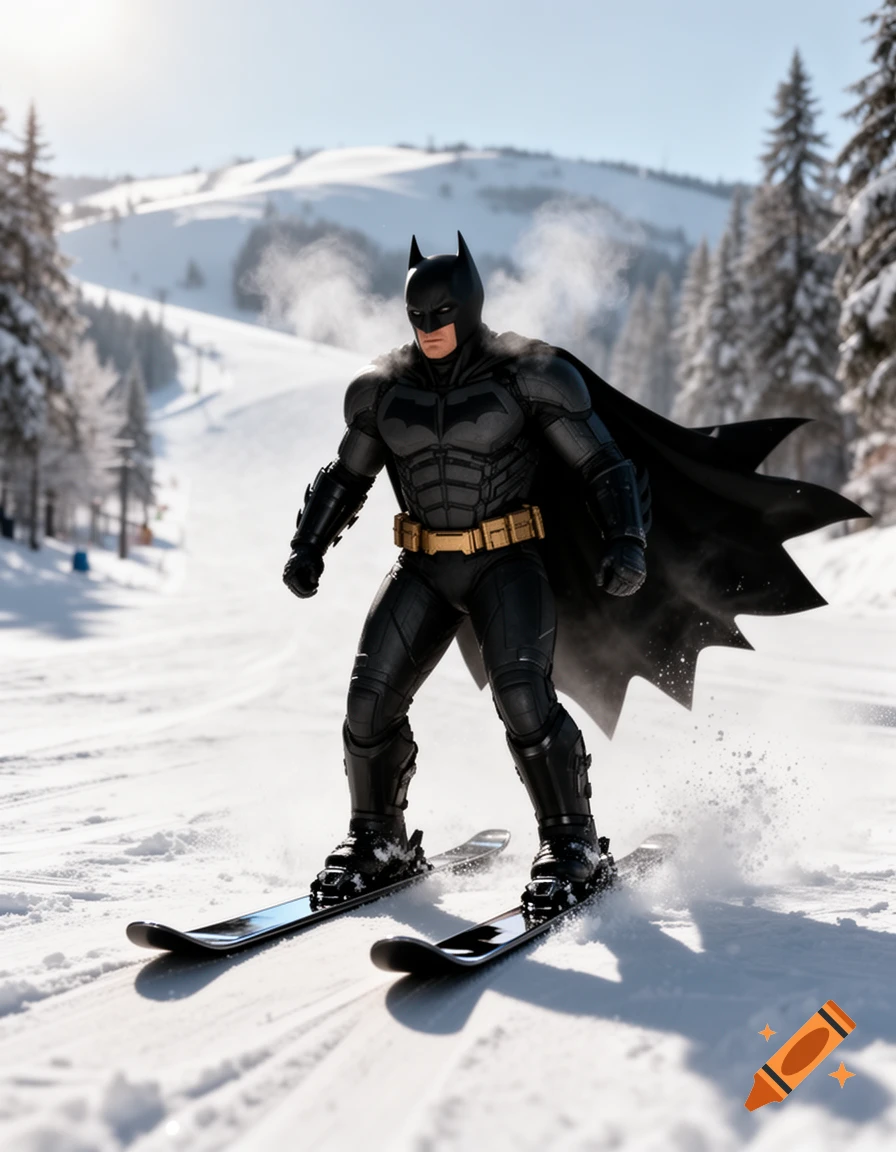 Photorealistic Batman in his dark suit and cape, skiing down a snowy mountain slope under a clear sky.