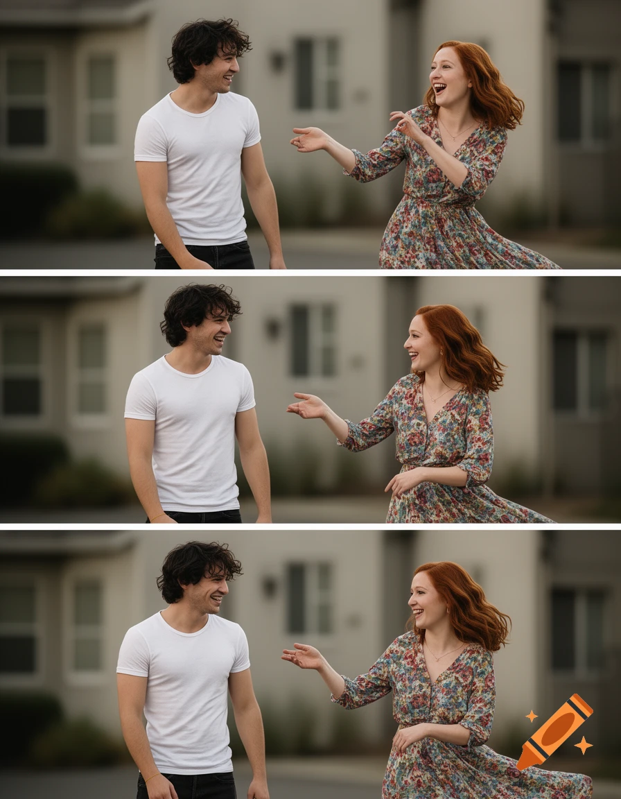 Three panels showing a man in a white t-shirt looking and smiling at a laughing woman in a floral dress, outdoors.