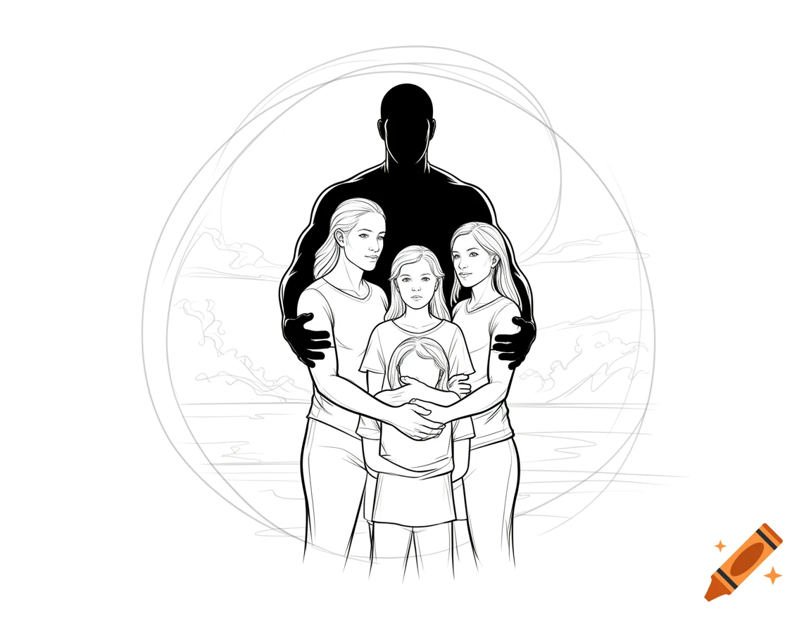 Black and white line art depicting a silhouetted father figure embracing two women and a child, representing family.