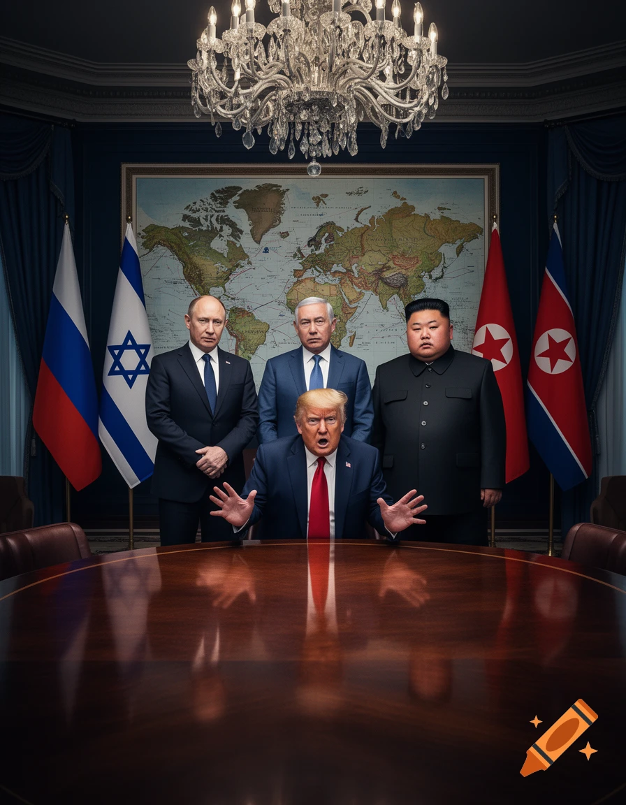Donald Trump, Vladimir Putin, Benjamin Netanyahu, and Kim Jong Un in a formal meeting room with flags and a world map.