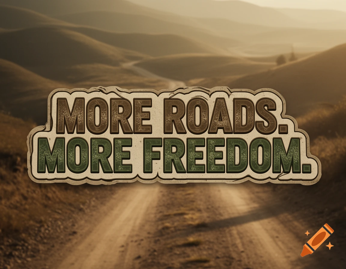 Text "MORE ROADS. MORE FREEDOM." as a textured, outlined sticker on a blurry background of rolling hills and a dirt road at sunset.