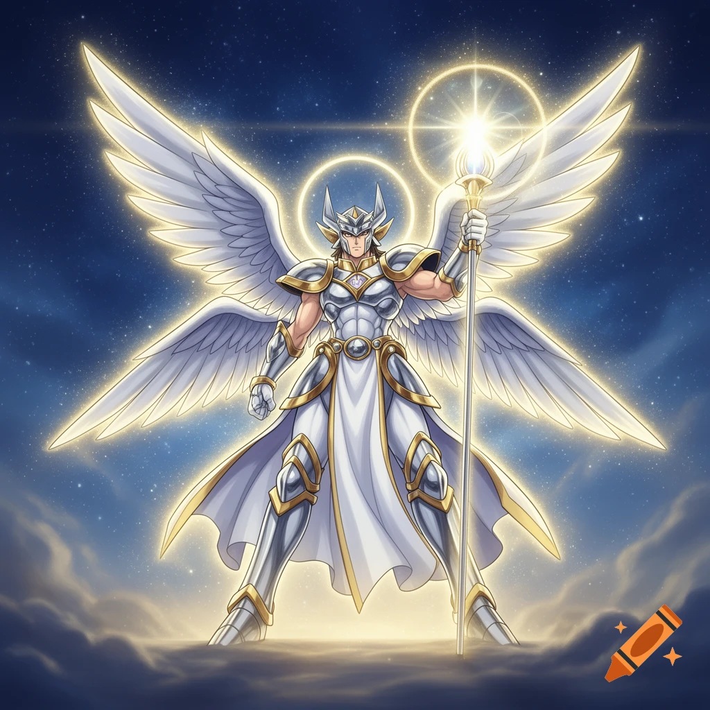 An angelic warrior in white and gold armor with large glowing wings holds a staff, standing on clouds against a starry night sky.