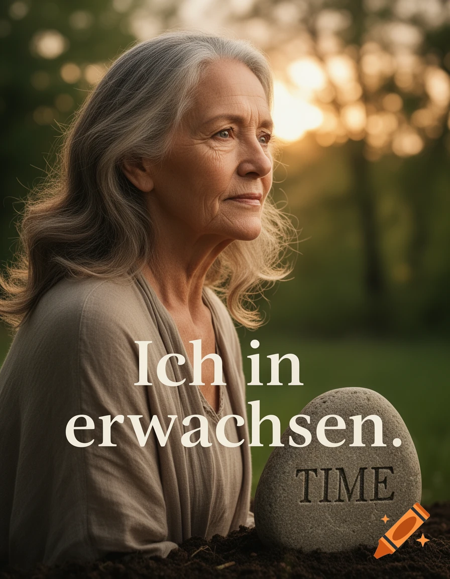 A contemplative elderly woman with gray hair looks into the distance, with the text "Ich in erwachsen." and "TIME" on a stone in the foreground, against a blurred green background with golden sunlight.