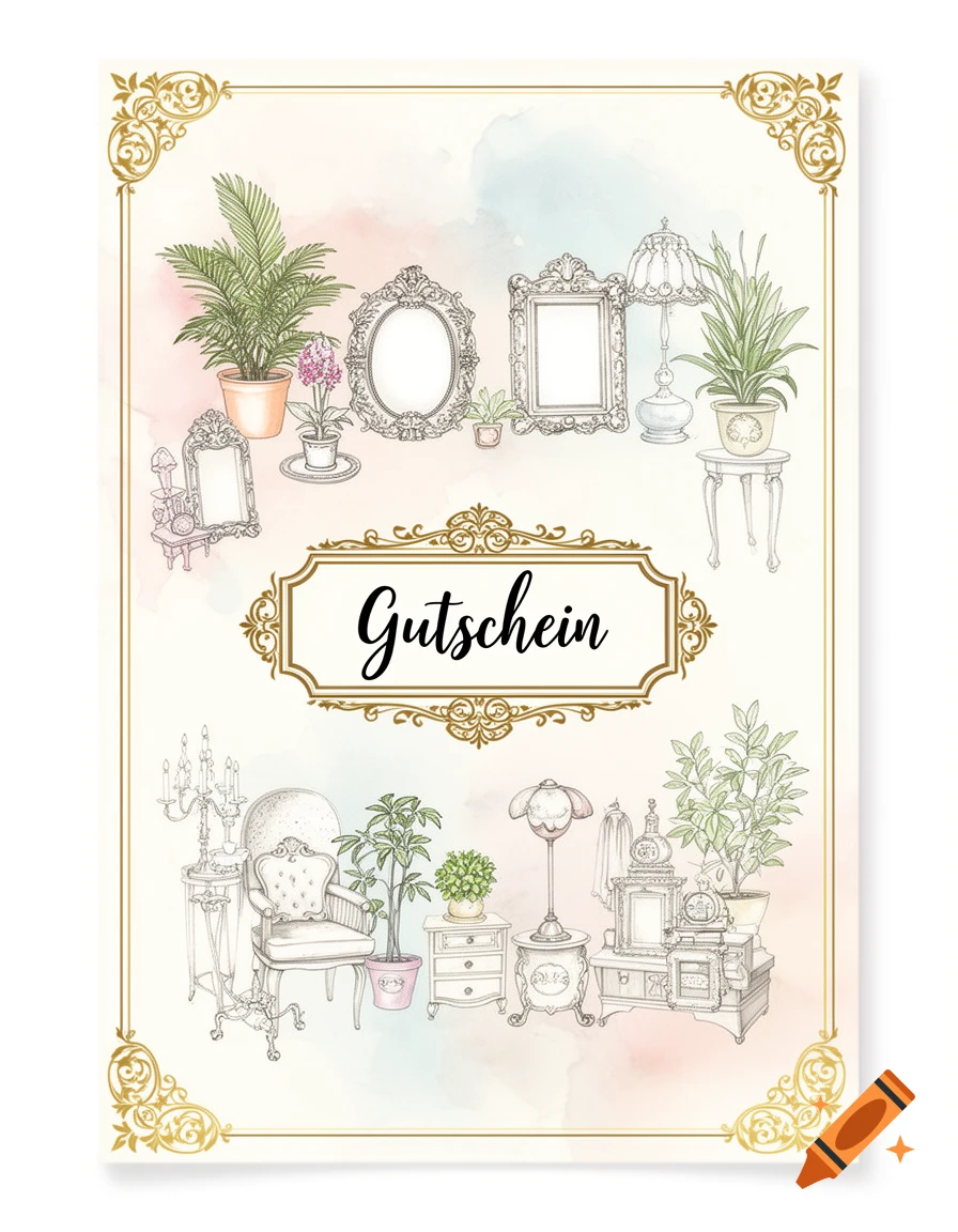 Stylized illustration of a gift voucher with 'Gutschein' in a golden frame, surrounded by potted plants and vintage furniture.