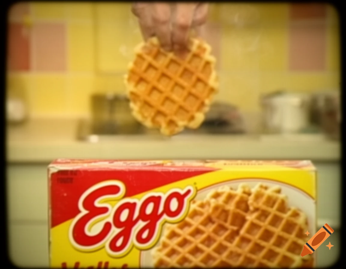 A hand holds a steaming waffle above an Eggo waffles box, in a blurry, low-quality commercial style.