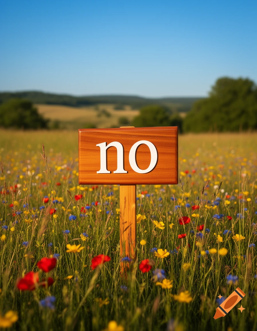 A wooden 'no' sign stands tall in a vibrant, sunlit field of red, yellow, and blue wildflowers under a clear blue sky.