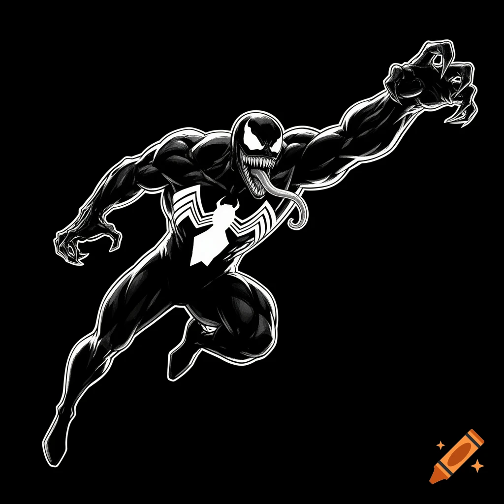 Black and white comic art of Venom lunging forward with an arm outstretched on a black background.
