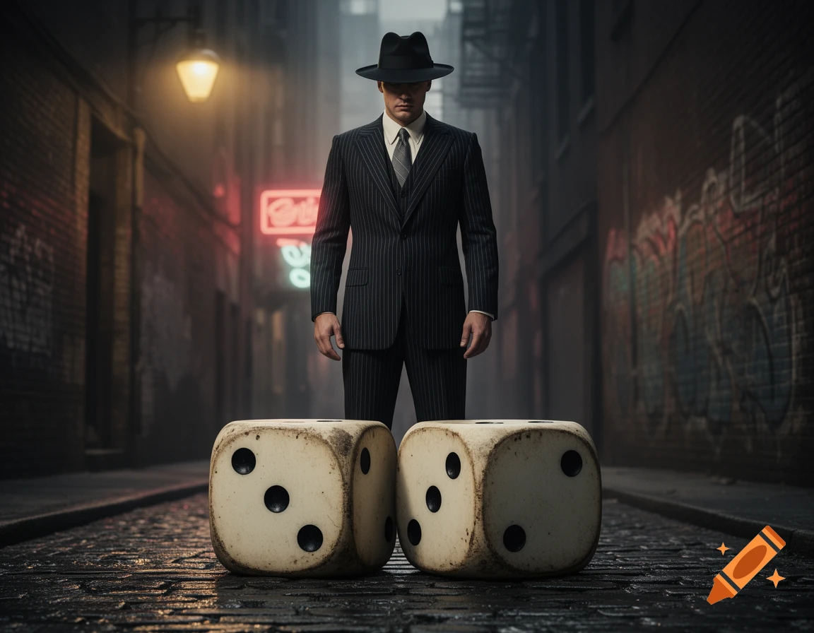 A photorealistic image of a man in a pinstripe suit and fedora standing in a dark, wet alley behind two large dice, with neon signs and graffiti in the background.