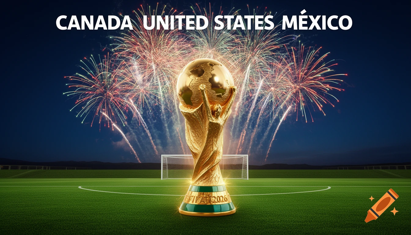 Golden FIFA World Cup trophy on a football field with fireworks and text "CANADA UNITED STATES MÉXICO" and "FIFA 2026" on its base.